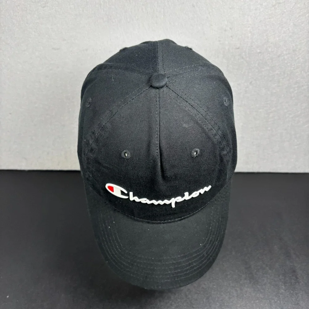 Champion Baseball Cap Hat Black Adjustable Strap Back Raised White Logo OSFM